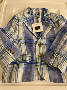 Janie and Jack Boys Plaid Linen Blazer in Blue and Yellow **NWT**
